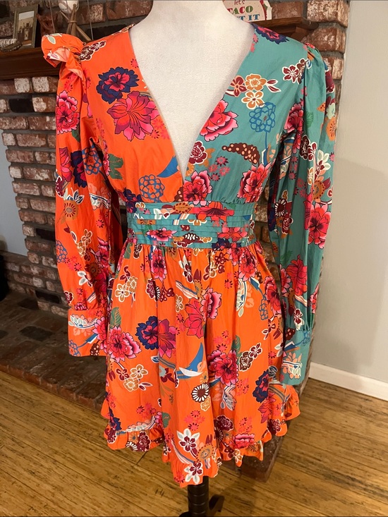 Misa Hylton for INC Dresses & Skirts - Misa Hylton for INC Orange & Teal Floral V-Neck Mini Dress with Waist Smocking